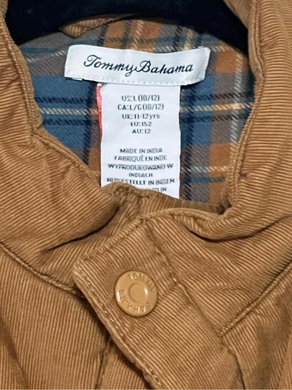Tommy Bahama Vest Boys L 10/12 Brown Puffer Cotton Lined Plaid Winter Jacket